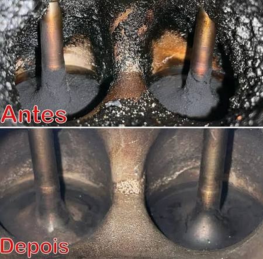 Válvulas de admissão antes e depois da descarbonização por jateamento com casca de nozes